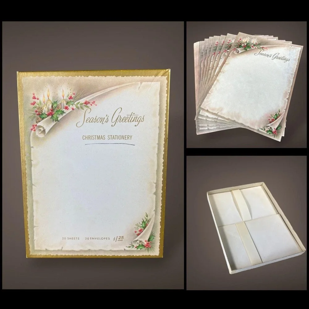 Season's Greetings Christmas Stationery‎ Set OPEN Box 1950s 60s Holly Candle Art